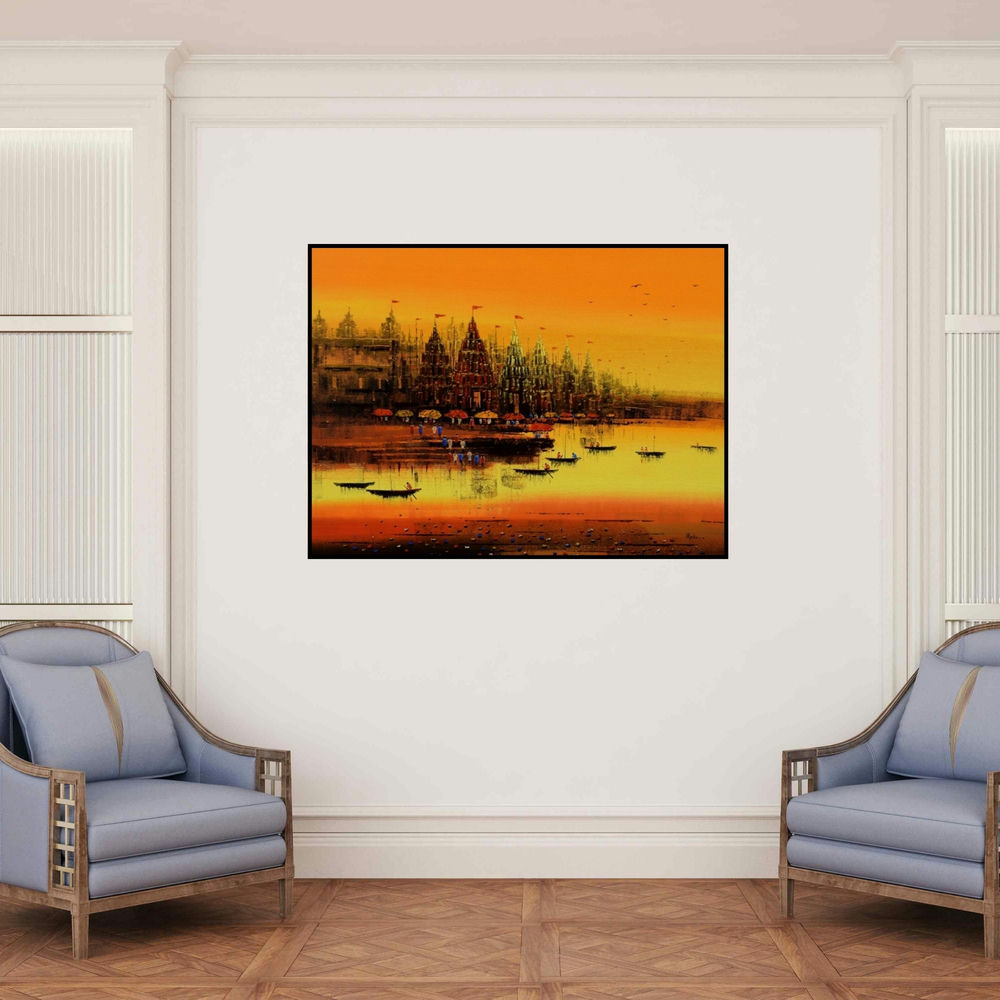'Ganga Ghat 9' painting by Reba Mandal shown on a wall in a furnished room.