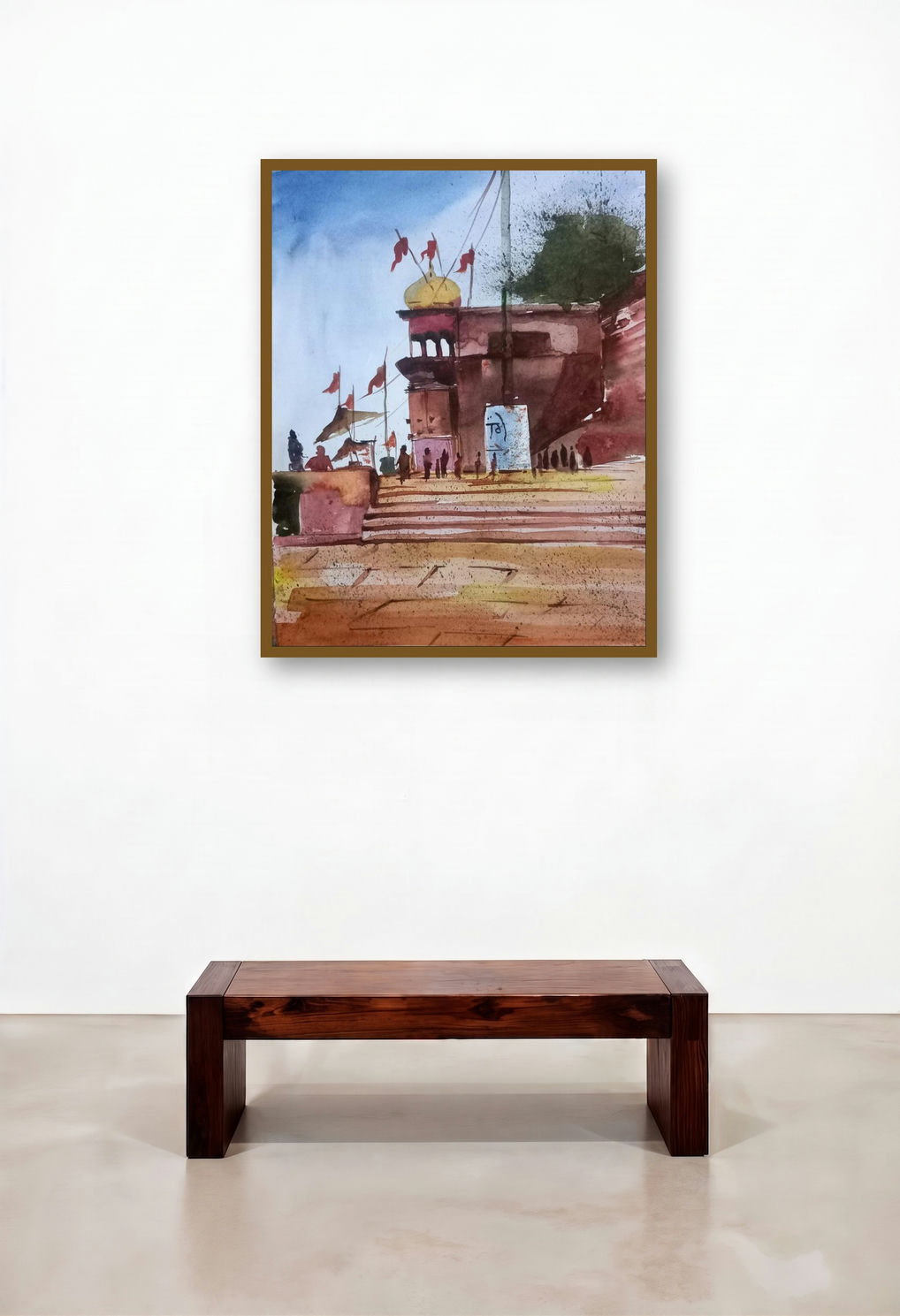 Ganga Ghat Kashi (Sacred Steps) by artist Ca Pratim Chatterjee displayed in a Japandi Hotel Suite