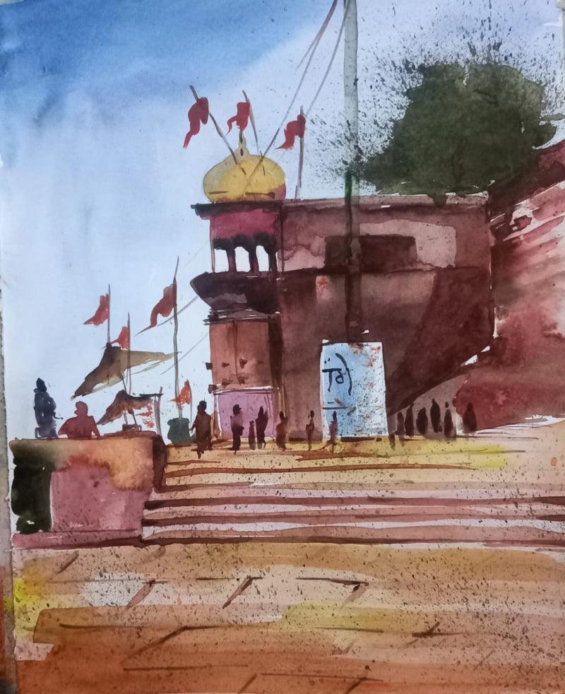 Place watercolor painting titled 'Ganga Ghat KASHI', 14x11 inches, by artist Ca Pratim Chatterjee on PAPER
