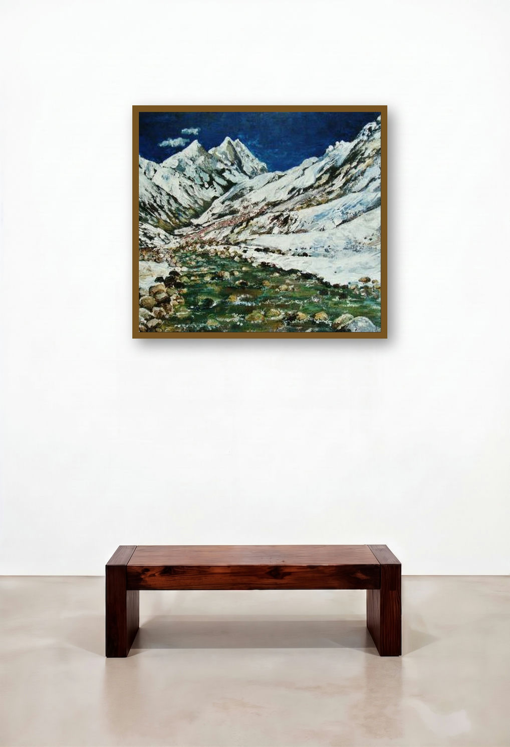 Ganga Mountain River by artist Manjula Dubey displayed in a Contemporary Family Room