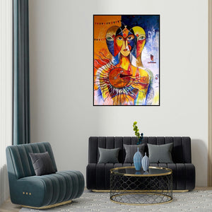 Meenakshi Jha Banerjee's 'Ganga Pooja (Convergence of Souls)' painting visualized above a sofa in a contemporary room.