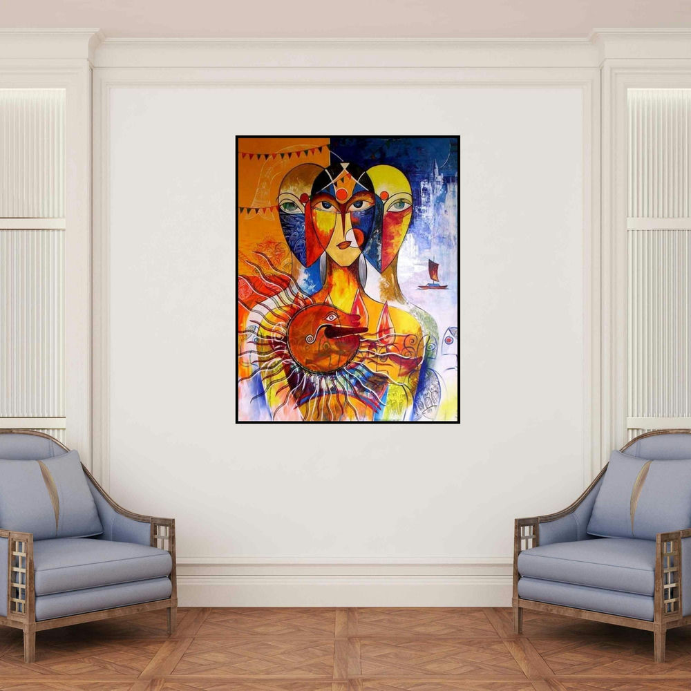 'Ganga Pooja (Convergence of Souls)' painting by Meenakshi Jha Banerjee shown on a wall in a furnished room.
