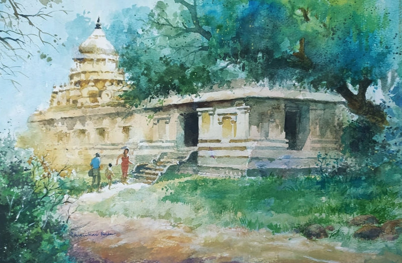 Gangai Konda Cholapuram Amman Temple' religious watercolor painting by artist Sankara Babu, 11x17 inch, on paper