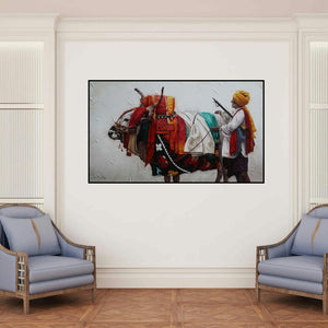 'Gangireddu 1' painting by Iruvan Karunakaran shown on a wall in a furnished room.