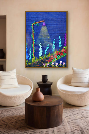 Garden At Night (Ribbon Embroidery Garden Scene) by artist Mohna Paranjape displayed in a Luxury gallery