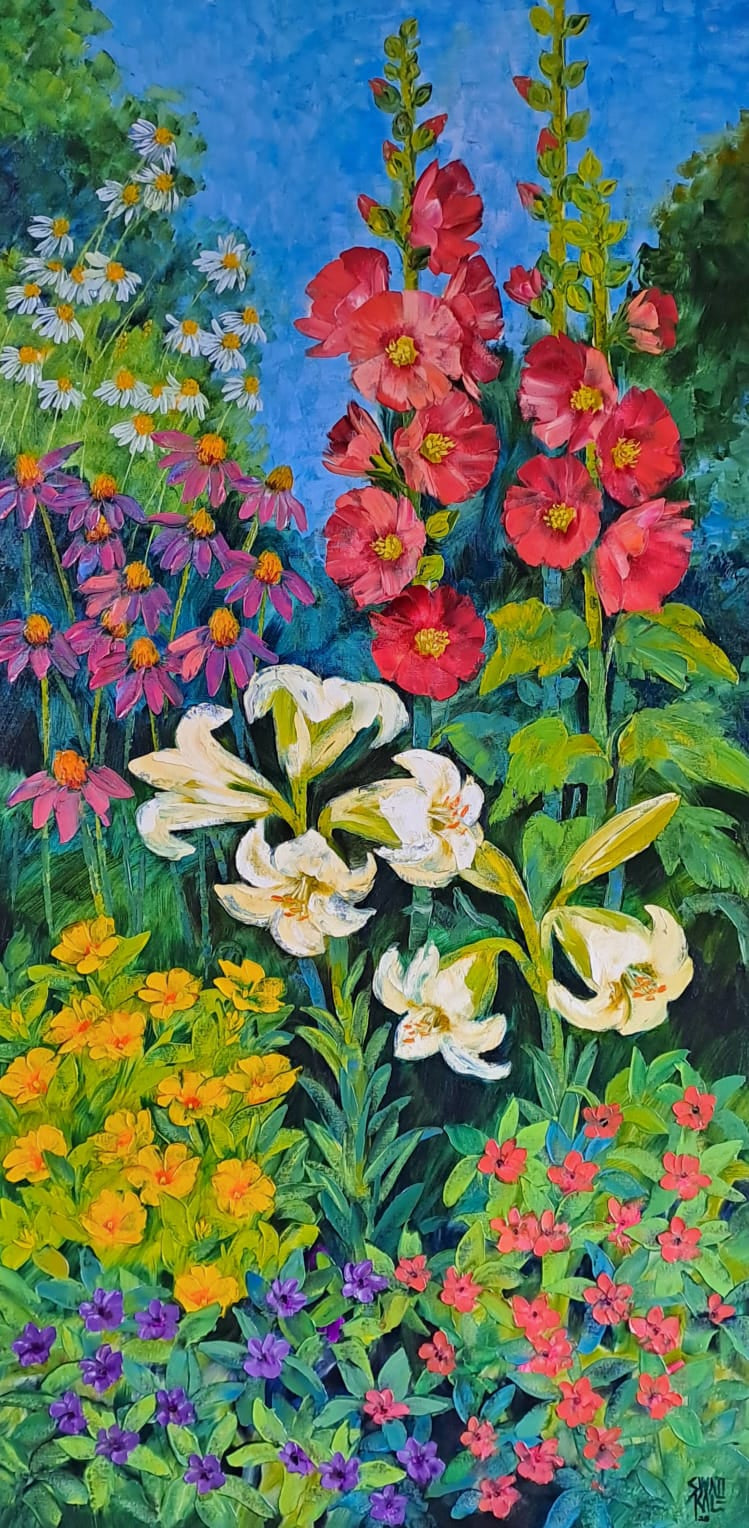 Garden Glory' nature oil painting by artist Swati Kale, 60x30 inch, on canvas