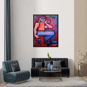 Preview of 'Gardener (The Contemplative Gardener)' Painting by Amit Rajvanshi shown on a wall in a furnished room.
