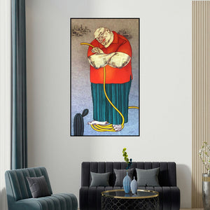 Mrinal Dey's 'The Gardener' painting visualized above a sofa in a contemporary room.