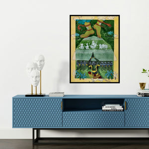 'Garvantak (Cosmic Stride)' painting by Yojana Dehankar shown on a wall in a furnished room.