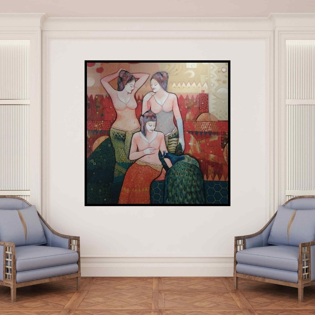 In-situ view of Apurba Karati's 'Gassiping Ii (Gossiping)' painting in a room