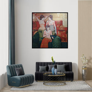 Preview of 'Gassiping Ii (Gossiping)' Painting by Apurba Karati shown on a wall in a furnished room.