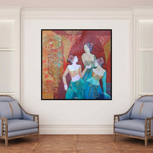 In-situ view of Apurba Karati's 'Gassiping Iii (Whispers of Gossip: A Captivating Trio)' painting in a room