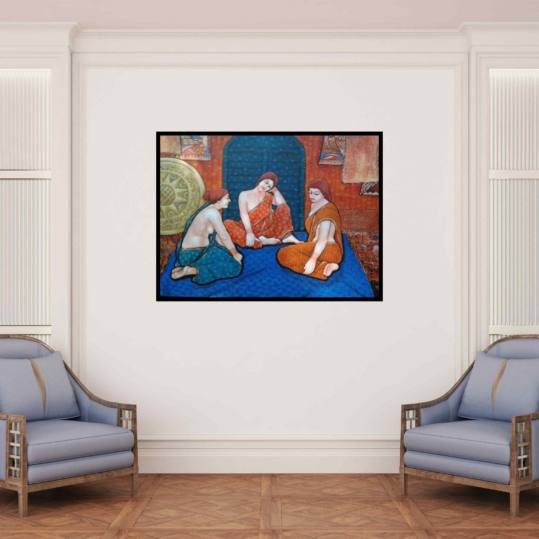 In-situ view of Apurba Karati's 'Gassiping Iv' painting in a room