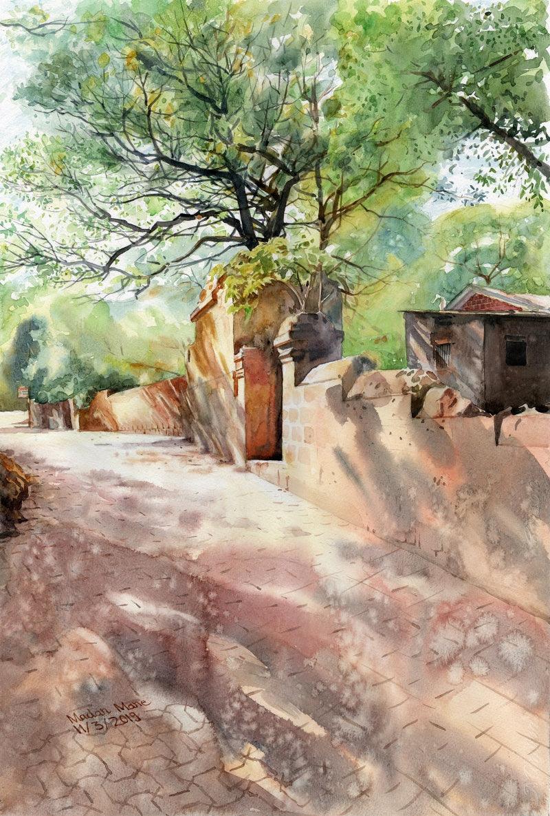 Landscape watercolor painting titled 'Gate', 21x14 inches, by artist Madan Mane on Paper