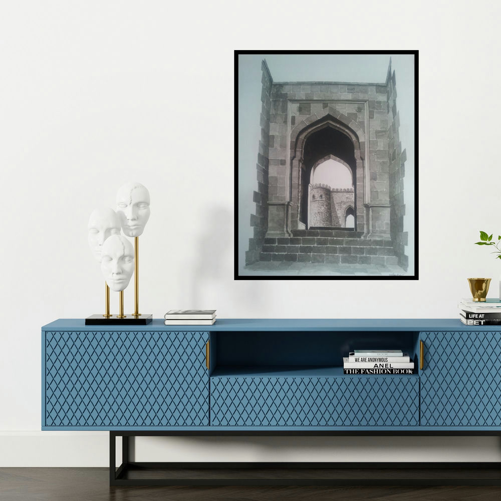 'Gate Of Fort (Passage Through Time)' painting by Dhirendra Mandge shown on a wall in a furnished room.