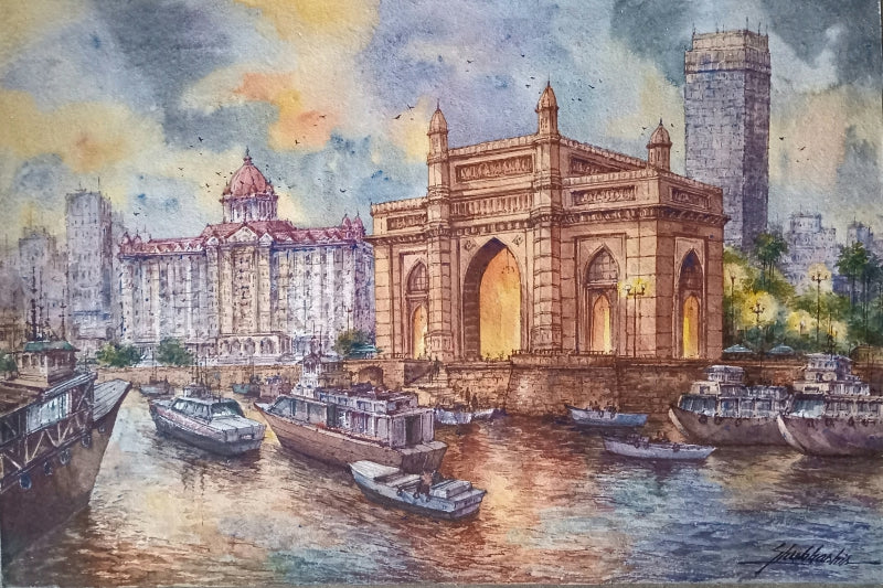 Cityscape watercolor painting titled 'Gateway Of India 3', 15x22 inch, by artist Shubhashis Mandal on Handmade Paper