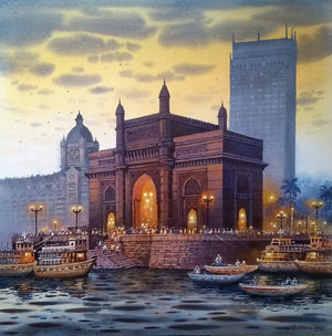 In-situ view of Nanasaheb Yeole's 'Gateway Of India' painting in a room