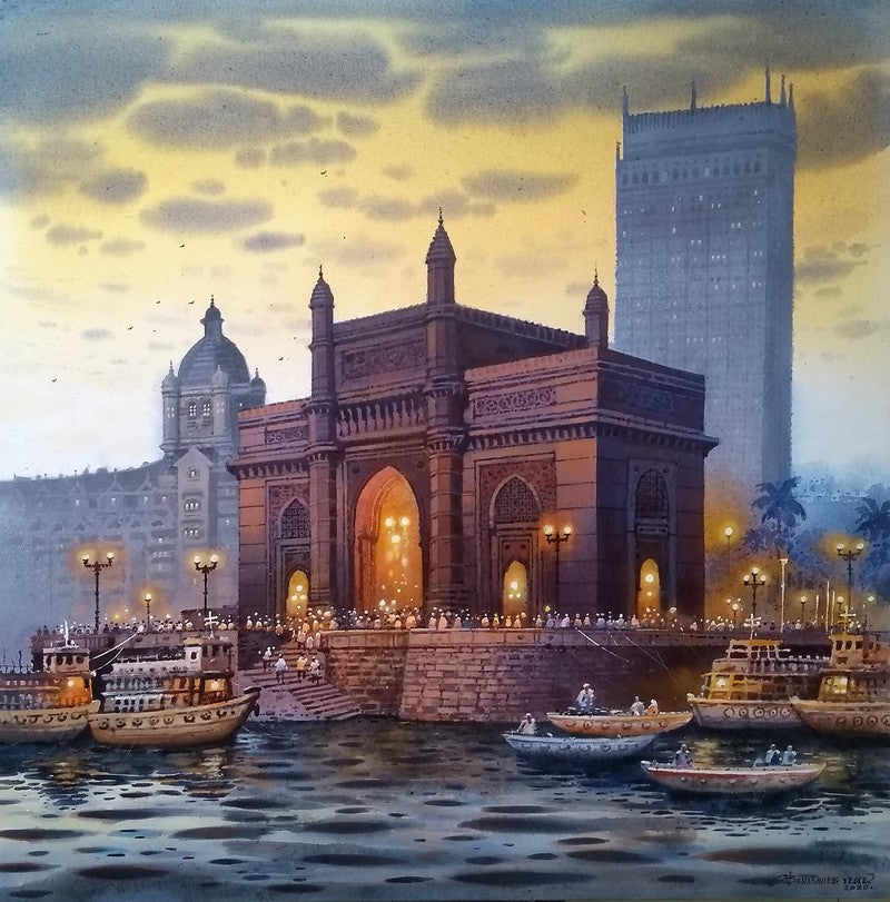 In-situ view of Nanasaheb Yeole's 'Gateway Of India' painting in a room