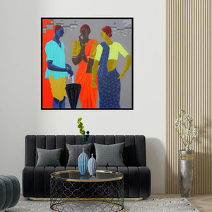 Abhiram Bairu's 'Gather' painting visualized above a sofa in a contemporary room.
