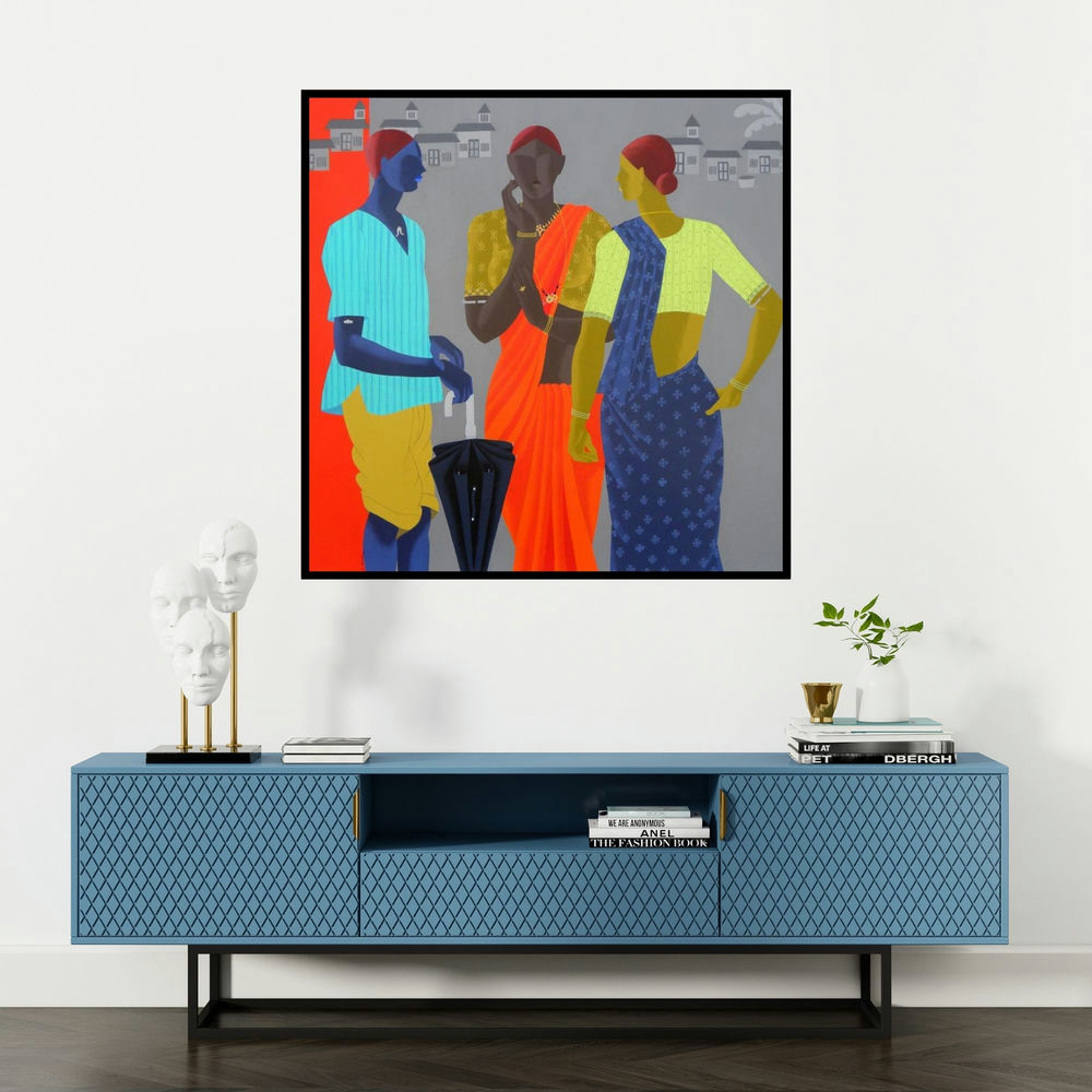 'Gather' painting by Abhiram Bairu shown on a wall in a furnished room.