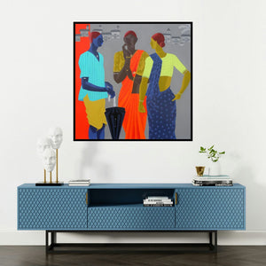 'Gather' painting by Abhiram Bairu shown on a wall in a furnished room.