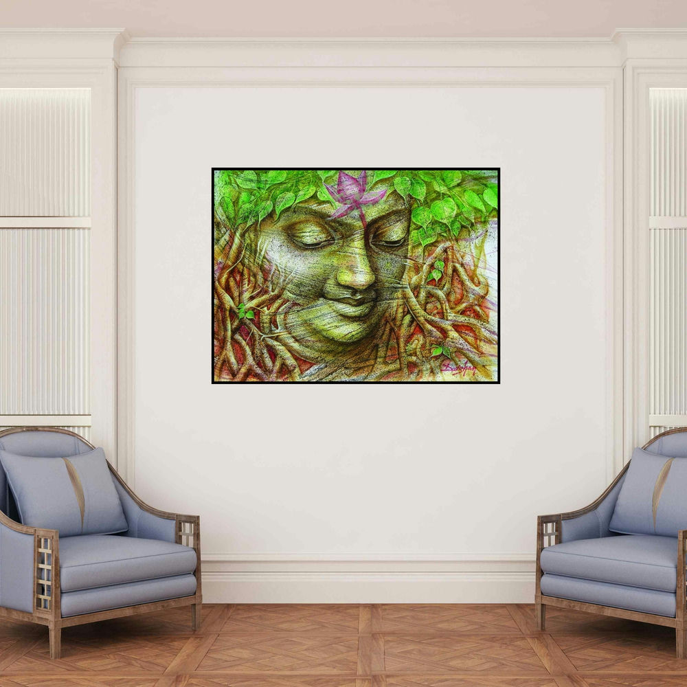 'Gautama Buddha 1 (Gautama Buddha)' painting by Darshan Sharma shown on a wall in a furnished room.