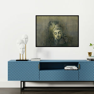 Preview of 'Gautama Buddha' Painting by Vishal Chavan shown on a wall in a furnished room.