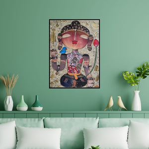 Preview of 'Gautama Buddha (Divine Playfulness)' Painting by G Subramanian shown on a wall in a furnished room.
