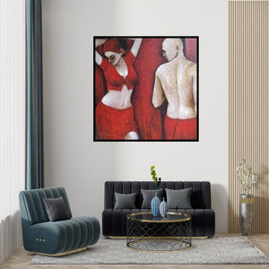 Preview of 'The Gaze' Painting by Asit Kumar Patnaik shown on a wall in a furnished room.