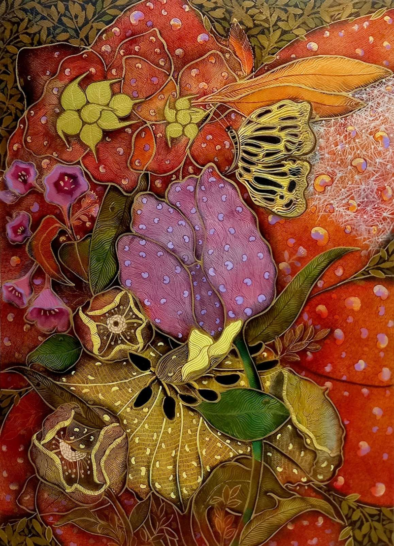 Gentle Blossoms' nature mixed-media painting by artist Yogesh Powale, 30x21 inch, on paper