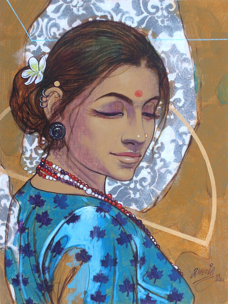 'The Gentle Smile' figurative acrylic-charcoal painting by artist Ramchandra Kharatmal, 18x16 inch, on canvas