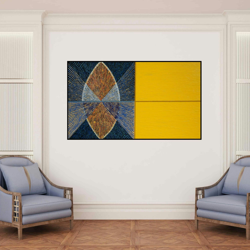 'Geometrical Abstraction 2' painting by Sandesh Khule shown on a wall in a furnished room.