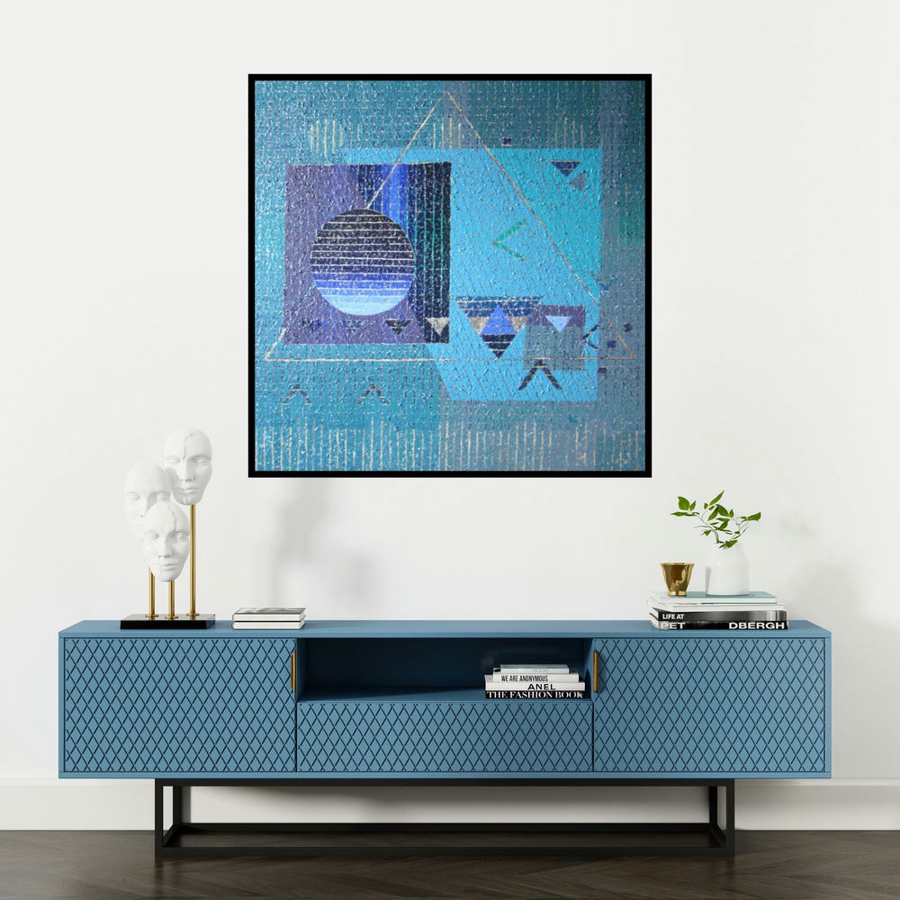 'Geometrical Family (Aqua Geometry: A Study in Teal and Form)' painting by Amol Satre shown on a wall in a furnished room.