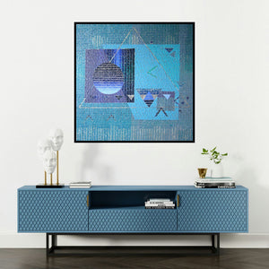 'Geometrical Family (Aqua Geometry: A Study in Teal and Form)' painting by Amol Satre shown on a wall in a furnished room.