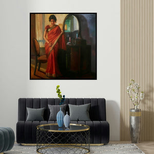 Ramesh Nanware's 'Getting Ready' painting visualized above a sofa in a contemporary room.