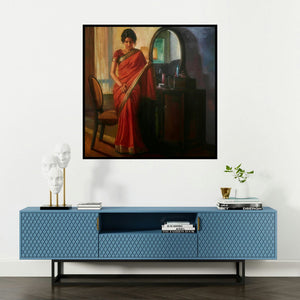 'Getting Ready' painting by Ramesh Nanware shown on a wall in a furnished room.