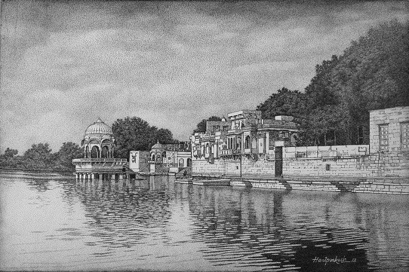 Landscape ink drawing titled 'Ghadisar Lake', 20x30 inches, by artist Prakash Ghadge on Canvas