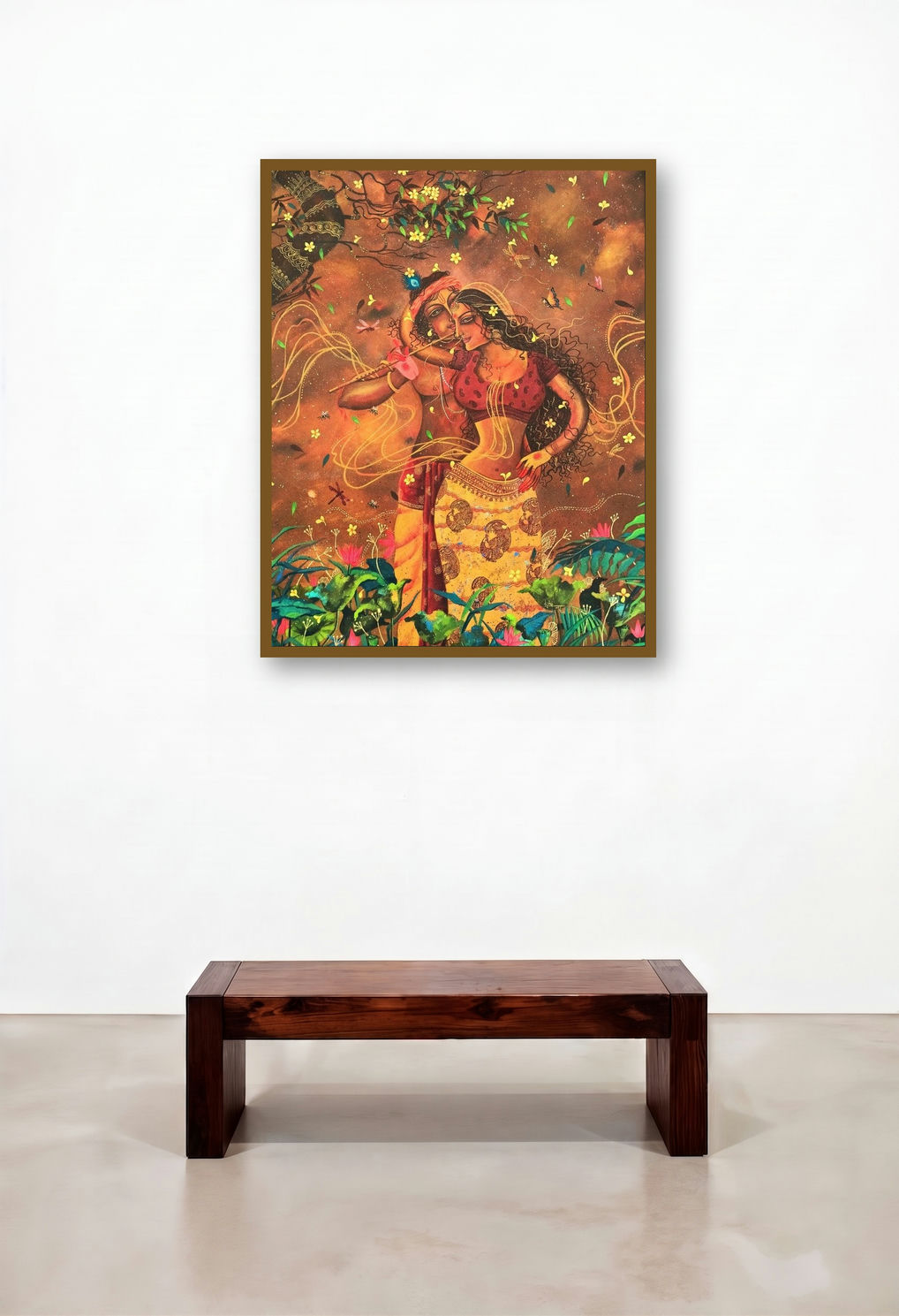Ghanashyam (Radha Krishna Romance) by artist Lisha N T displayed in a Art Deco Lounge