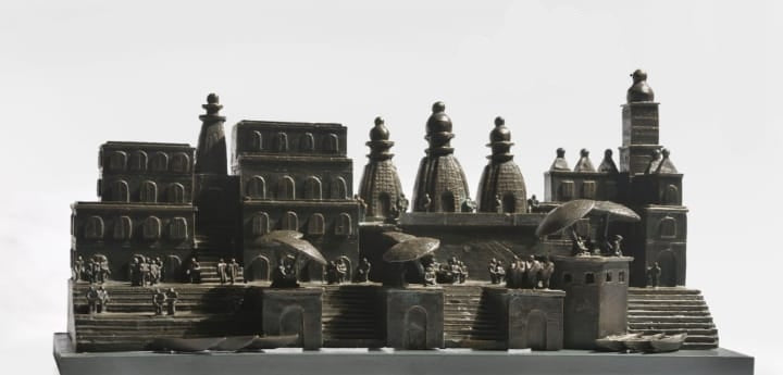 Ghat 21' religious Bronze sculpture by artist Roy Chandan, 11x24 inch, on bronze