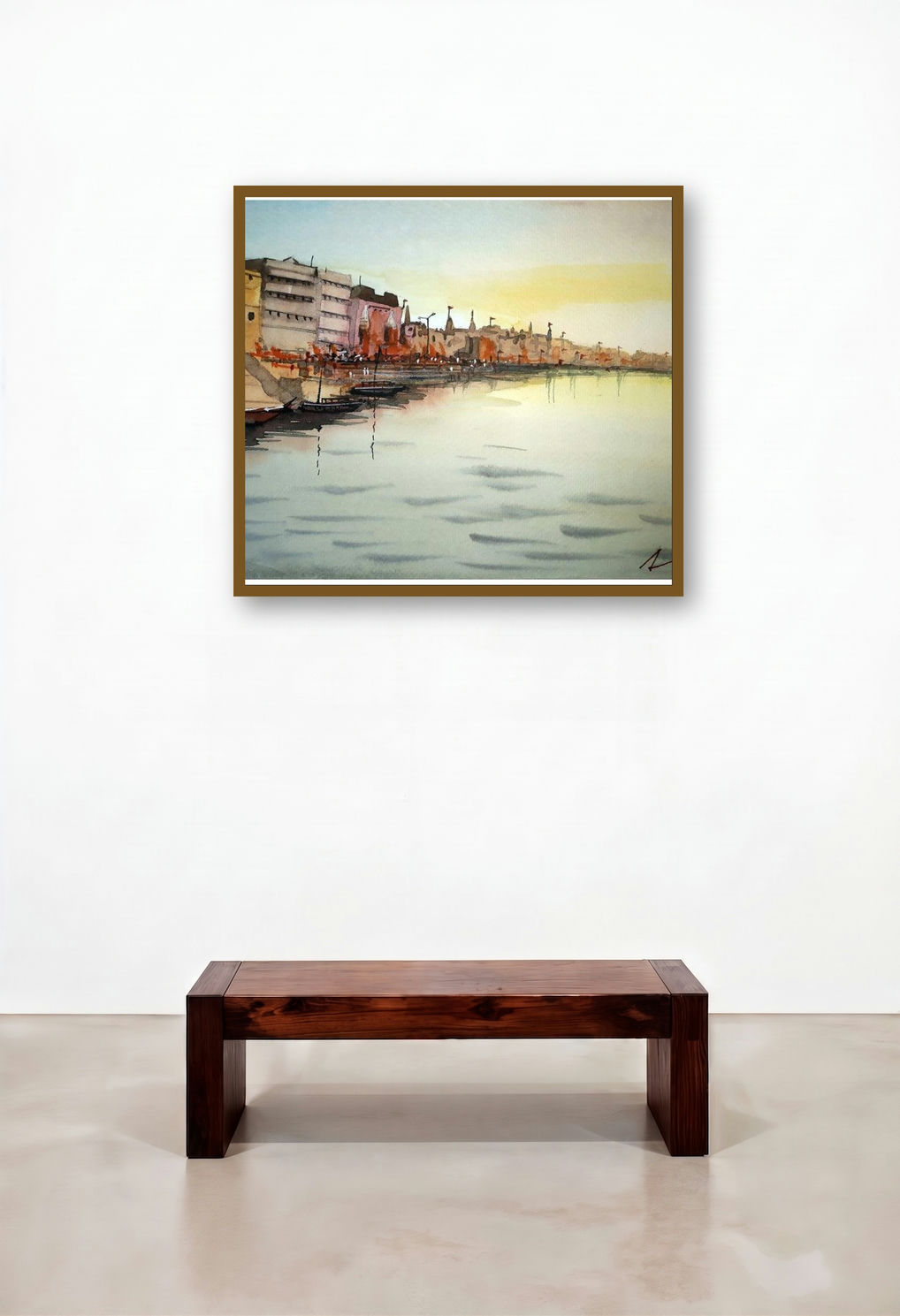 Ghats Of Varanasi (Sunset at the Ghats) by artist Arunava Ray displayed in a Modern Hotel Suite
