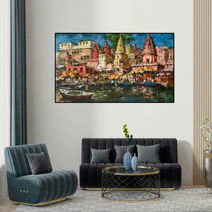 Sandeep Chhatraband's 'Ghats Of Varanasi (Eternal Varanasi)' painting visualized above a sofa in a contemporary room.