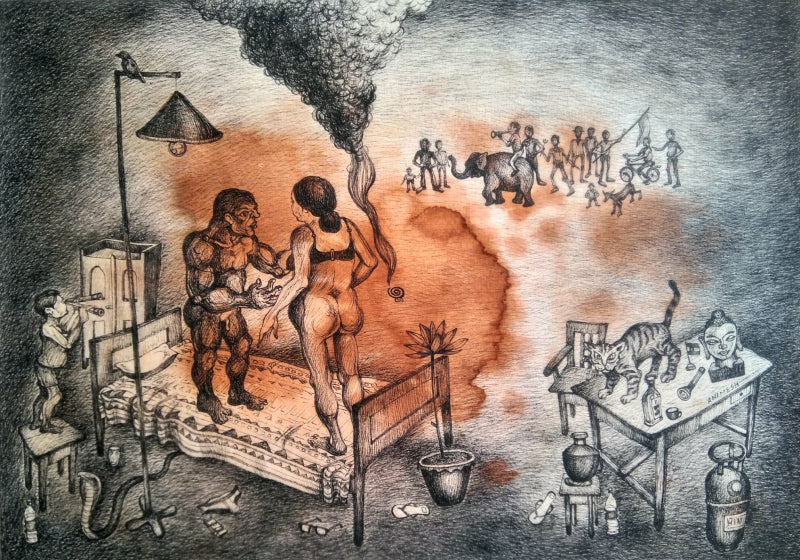 Ghore Baire' contemporary mixed-media painting by artist Animesh Mahata, 8x12 inch, on canson paper