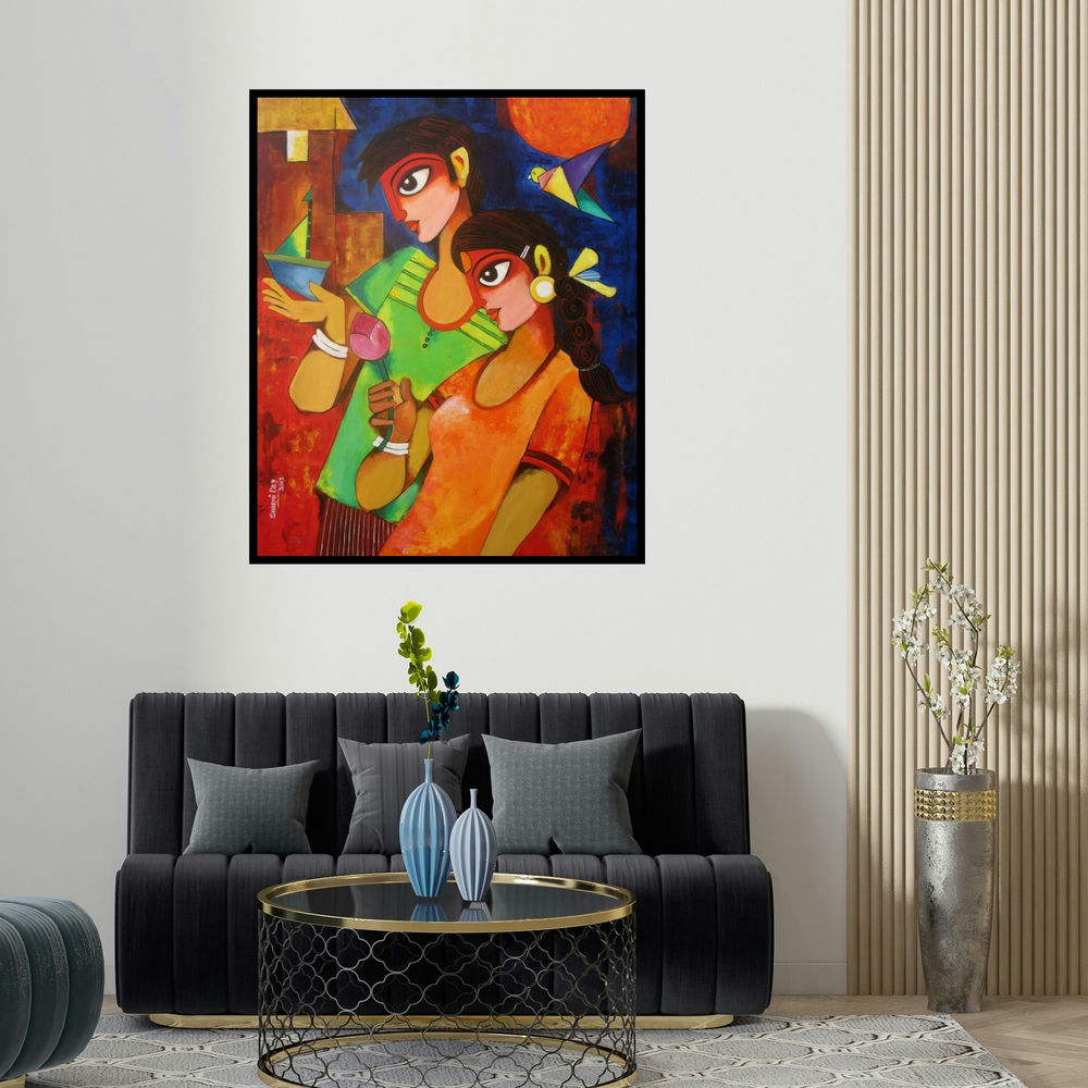 'Gift Of Love' painting by Sharmi Dey shown on a wall in a furnished room.