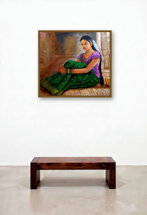 Girl At Temple (Eternal Love) by artist Vishalandra Dakur displayed in a Transitional Living Room