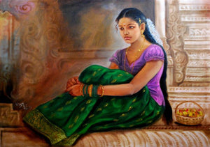 Girl At Temple (Eternal Love) by Vishalandra Dakur, Original Oil Figurative Painting on Canvas, Medium Horizontal Wall Art