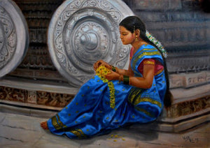 Girl By Humpi Wheels (Cosmic Union) by Vishalandra Dakur, Original Oil Figurative Painting on Canvas, Medium Horizontal Wall Art