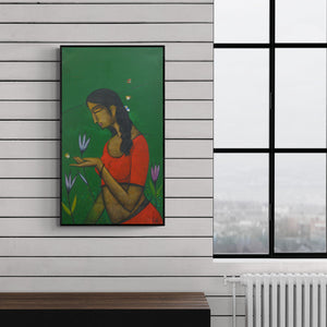 Preview of 'Girl Catching Butterfly' Painting by Sanjay Tikkal shown on a wall in a furnished room.