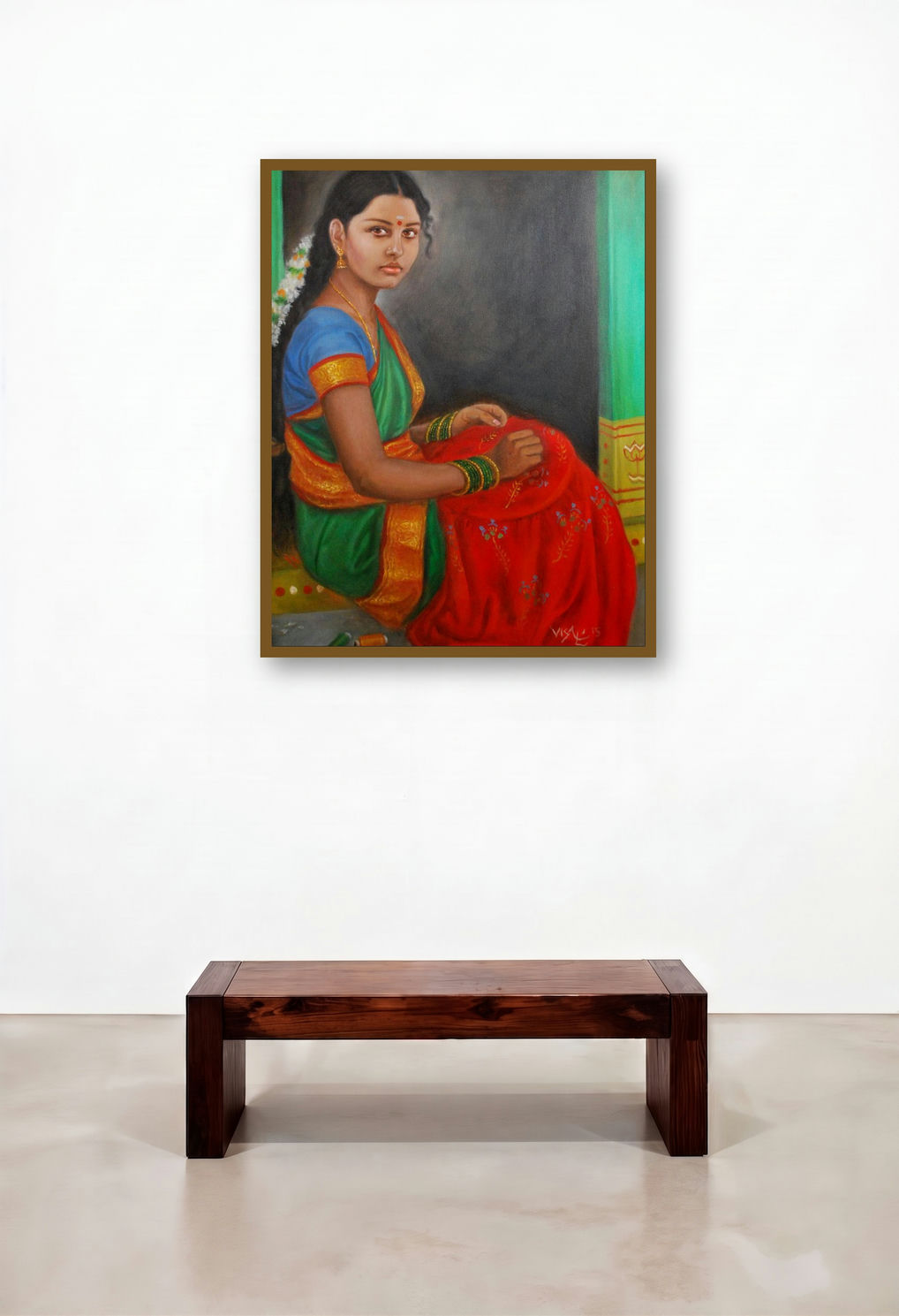 Girl Doing Embroidery (Kolam Creation) by artist Vishalandra Dakur displayed in a Traditional Bedroom