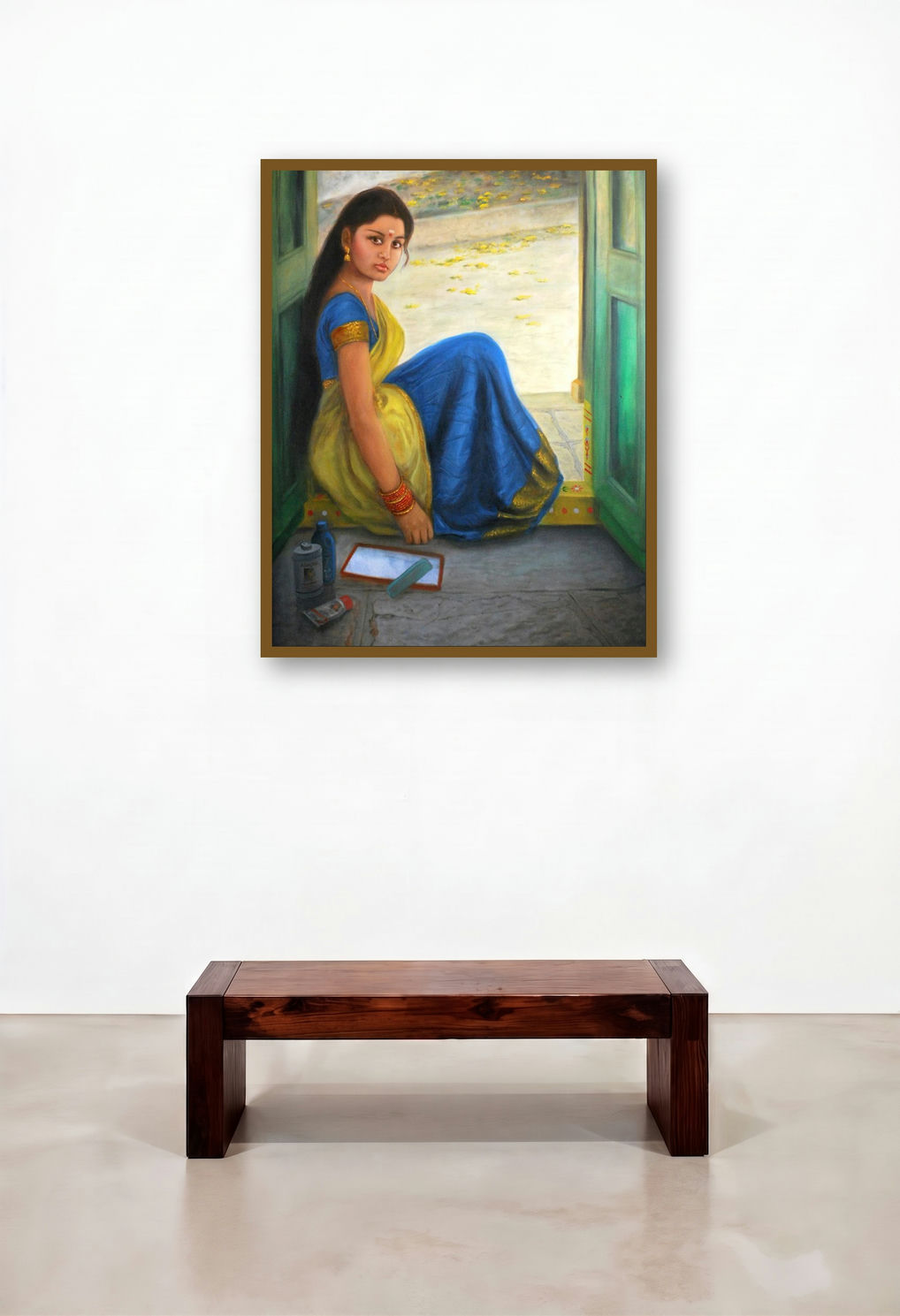 Girl Dressing Up (Divine Melody) by artist Vishalandra Dakur displayed in a Japandi Executive Office