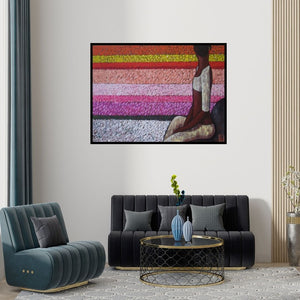 Preview of 'Girl In The Flower Fields' Painting by Suruchi Jamkar shown on a wall in a furnished room.